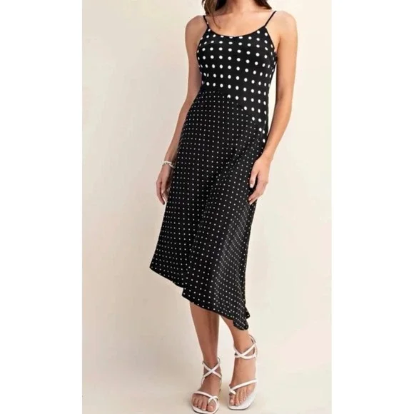 A NEW DAY Womens Polka Dot Midi Slip Dress Black White Asymmetrical Slit - Picture 2 of 2